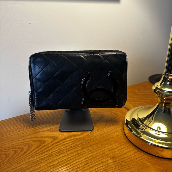 Chanel Black Calfskin Cambon Long Zip Wallet w/ Pink Interior.